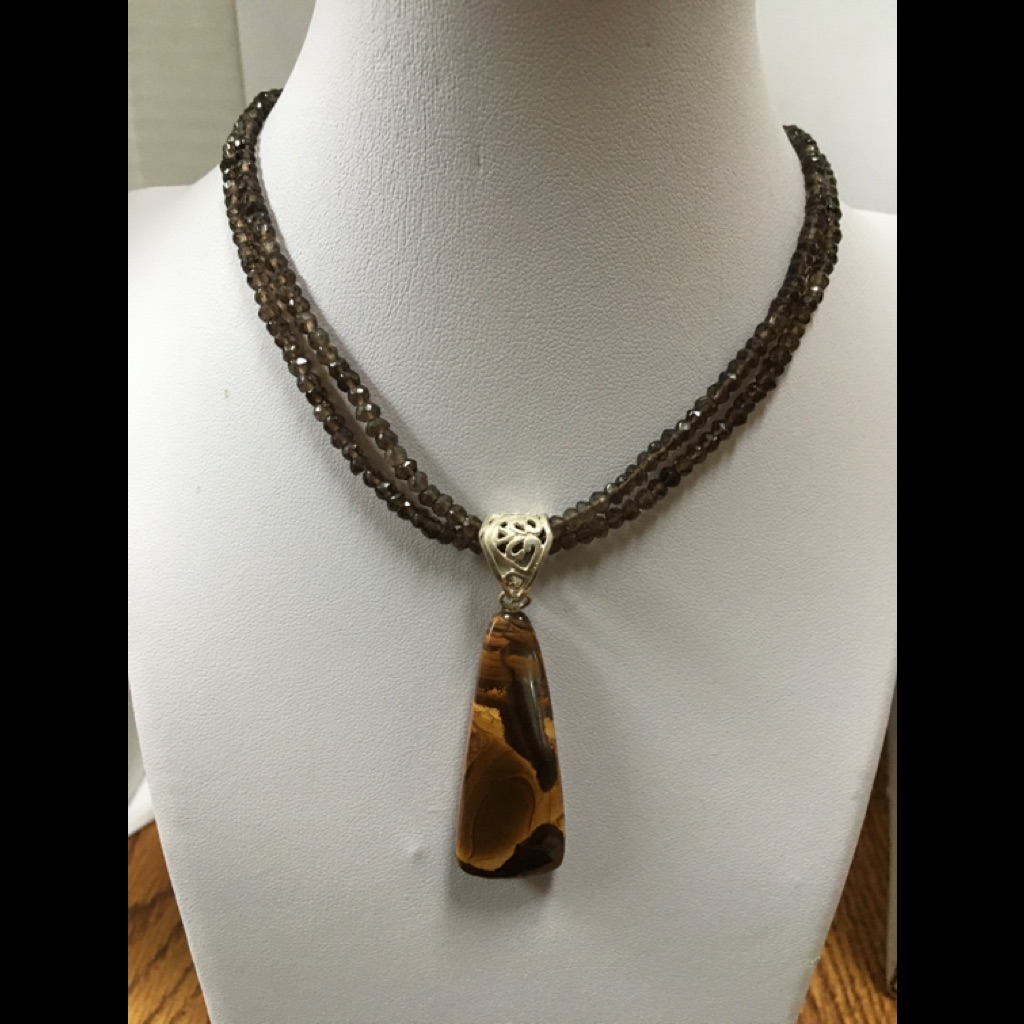 Smokey Quartz Rondel Necklace W/Tigereye Pendant